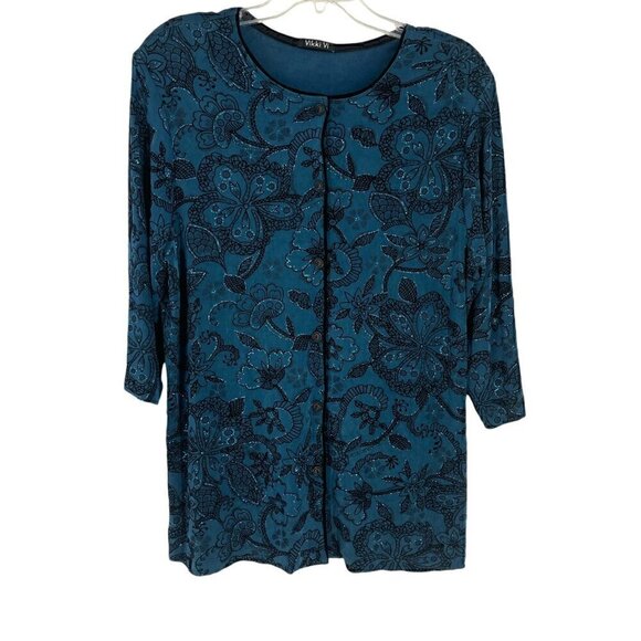 Whimsigoth Glitter Dark Fairy Blue & Black 1X Button up Top Floral 3/4 Sleeve - Picture 1 of 4